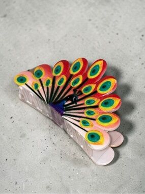 Red Peacock Feather Fan Hair Clip